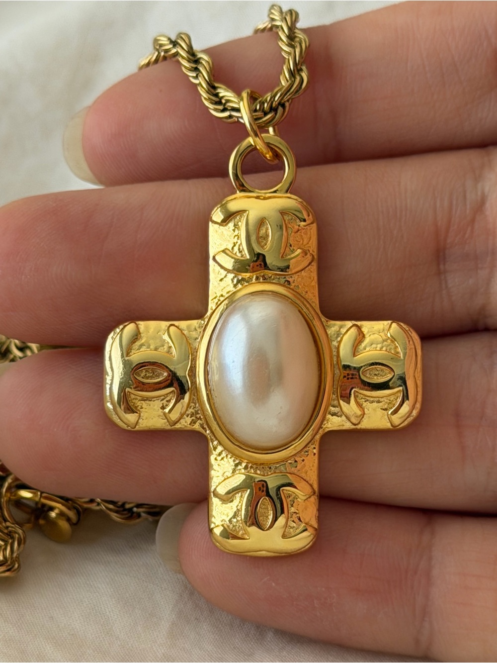 Gold Chanel Cross CC Pendant Necklace with Pearl Center - Picture 4 of 17